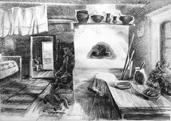 «Шушенское. У русской печки». 1997 г., б., тушь, 45 х 52